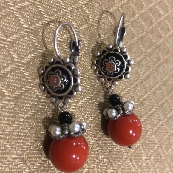 Antiqued Silver & Red Carnelian Drop Earring-Boutique - Picture 1 of 5